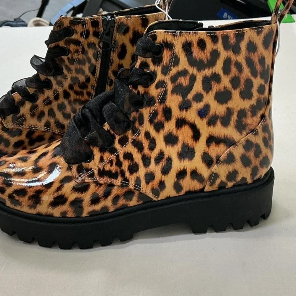 Kids‎ Leopard Print Combat Boots Size 4 Brown Black Lace-Up Side Zip